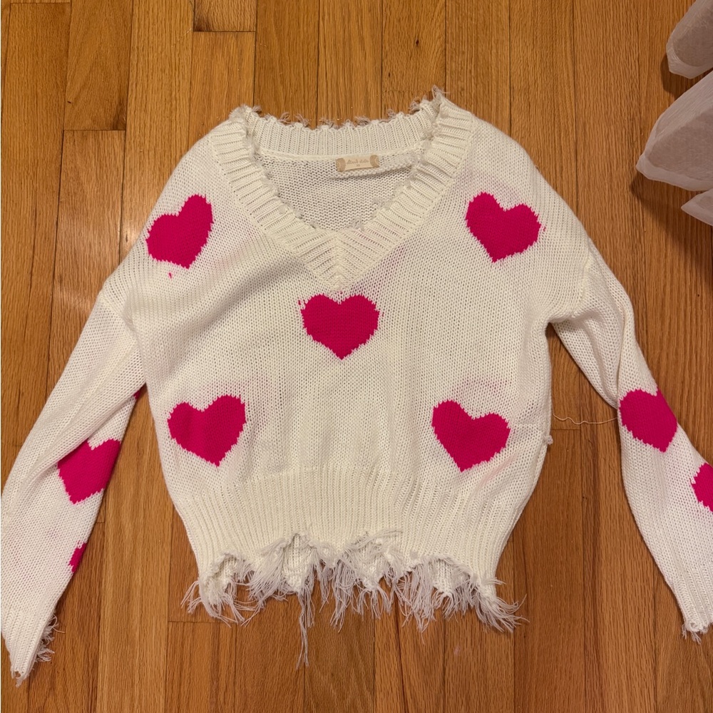 Like New Altar'd State Cream V-Neck Sweater with Pink Hearts